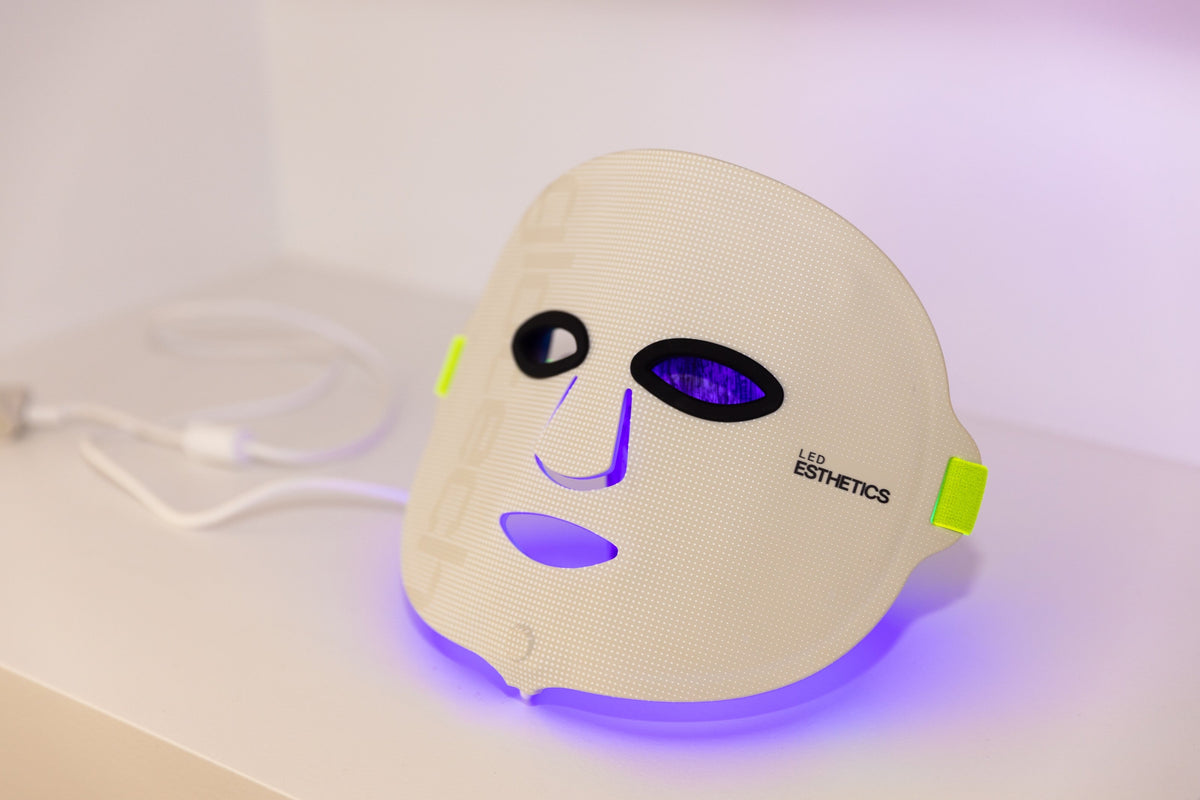 One of the two LED face masks available at LED Esthetics, the GloTech™ mask emits blue and red light to support acne treatment, inflammation reduction, and overall skin rejuvenation.
