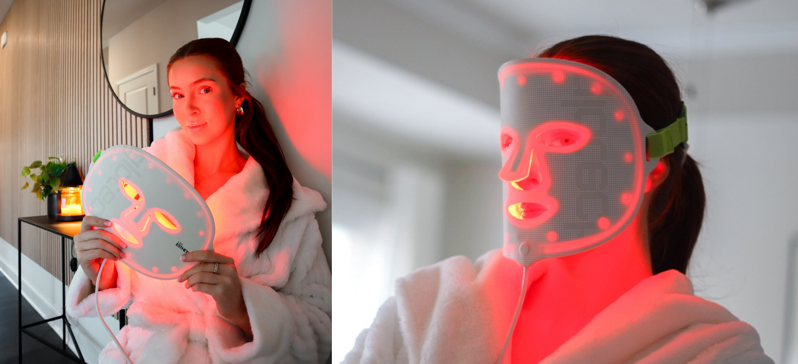 Woman using Glotech LED mask with red light for skincare and rejuvenation