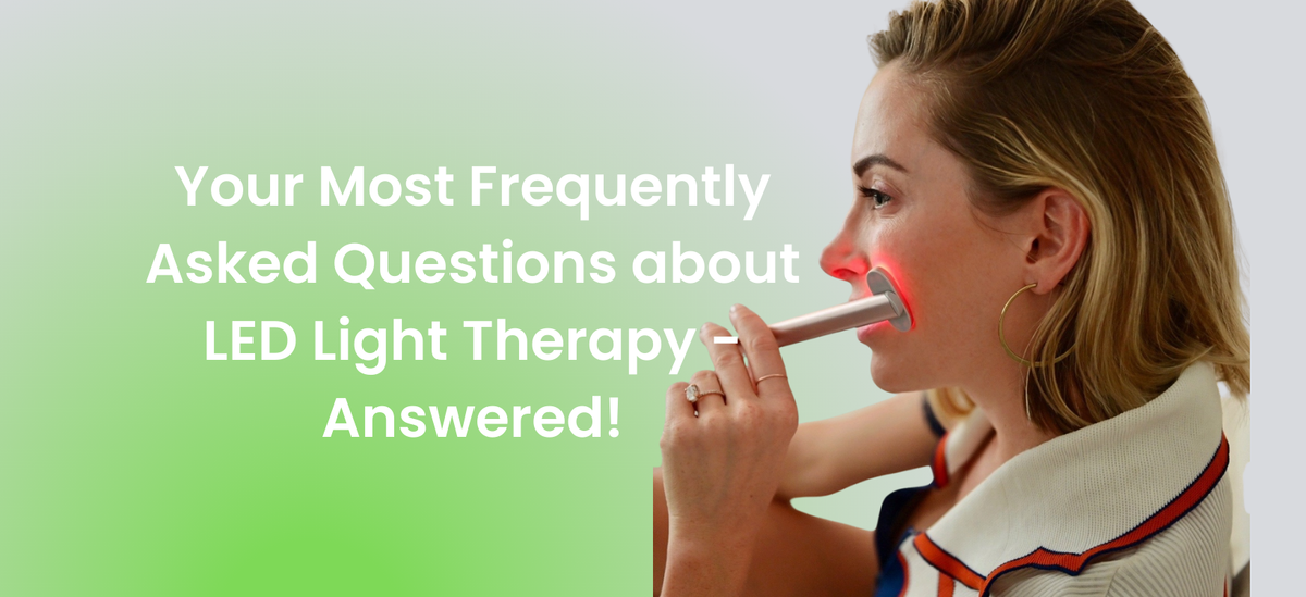 A woman using an LED light therapy device on her face, with text reading "Your Most Frequently Asked Questions about LED Light Therapy – Answered!