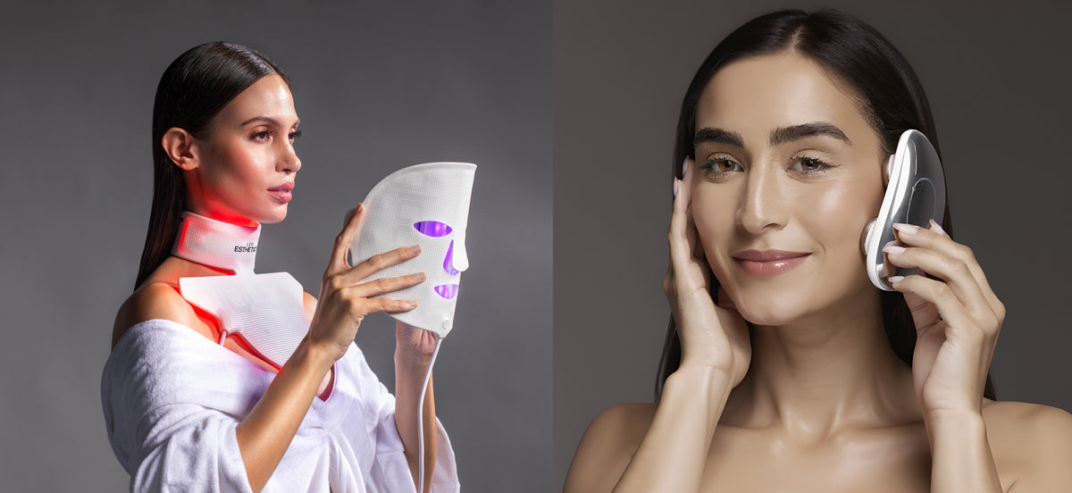Side-by-side comparison of LED light therapy and microcurrent technology in skincare – woman using GloTech™ LED face mask and GloTech™ neck and chest device on the left, and another woman applying a microcurrent device to her cheek on the right.