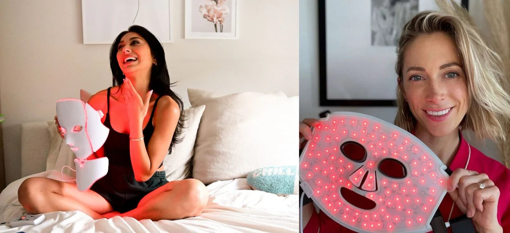 Two women using red LED therapy masks for skincare.