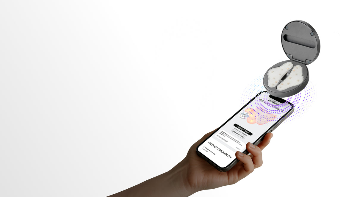 Scan the NFC chip in the base of the charging case to check your Glotech™ specs.
